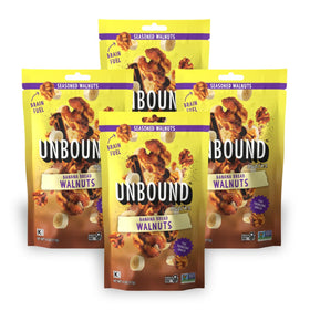 Unbound Snacks Banana Bread Walnuts in a resealable bag, protein-rich and gluten-free.