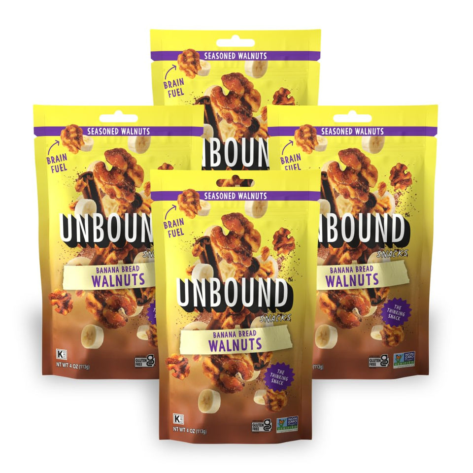 Unbound Snacks Banana Bread Walnuts in a resealable bag, protein-rich and gluten-free.