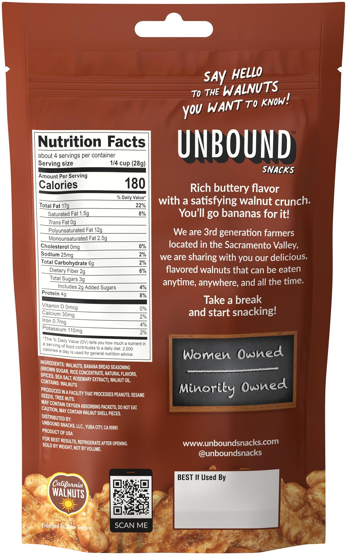 Unbound Snacks Banana Bread Walnuts on a serving plate, savory aroma and omega-3 benefits.