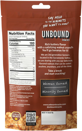 Unbound Snacks Banana Bread Walnuts on a serving plate, savory aroma and omega-3 benefits.