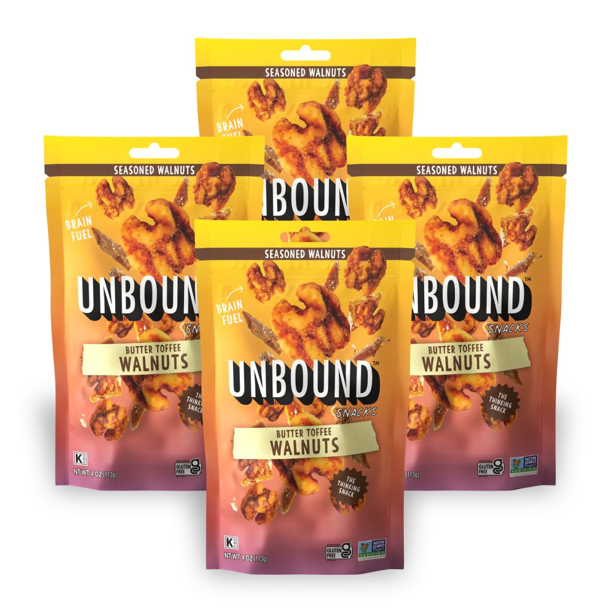 Unbound Butter Toffee Walnuts bag ready-to-eat crunchy snack with protein