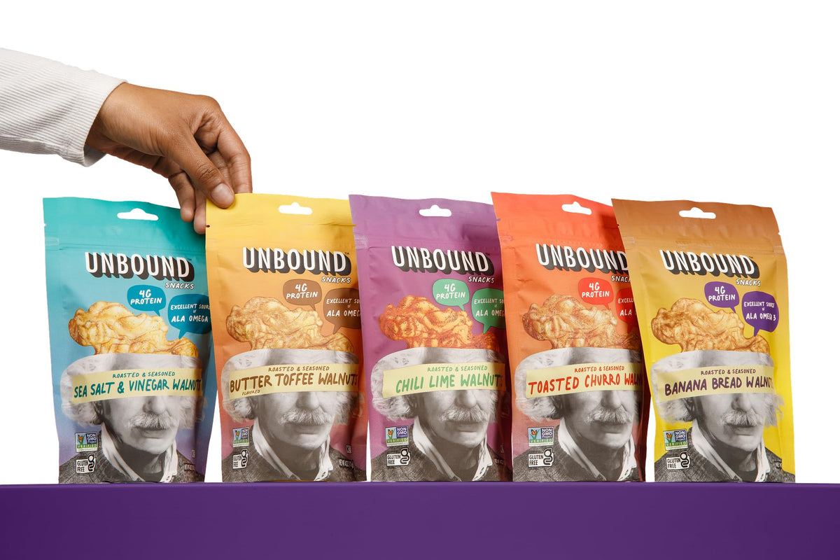 Unbound Snacks flavored walnuts sampler closeup seasoned nuts for bold flavor and versatile snacking