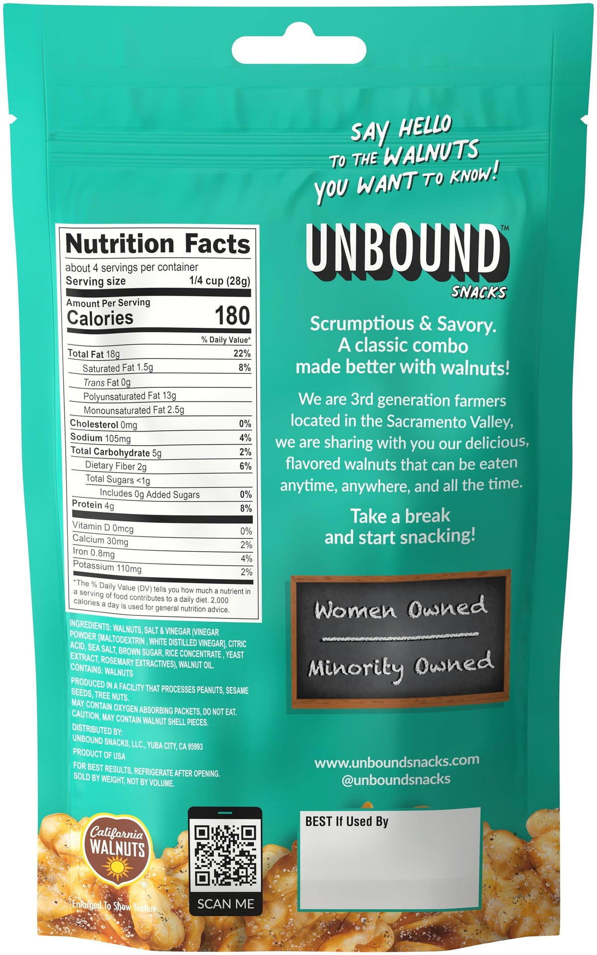 Unbound Snacks sea salt & vinegar walnuts in a bowl; keto-friendly crunch.