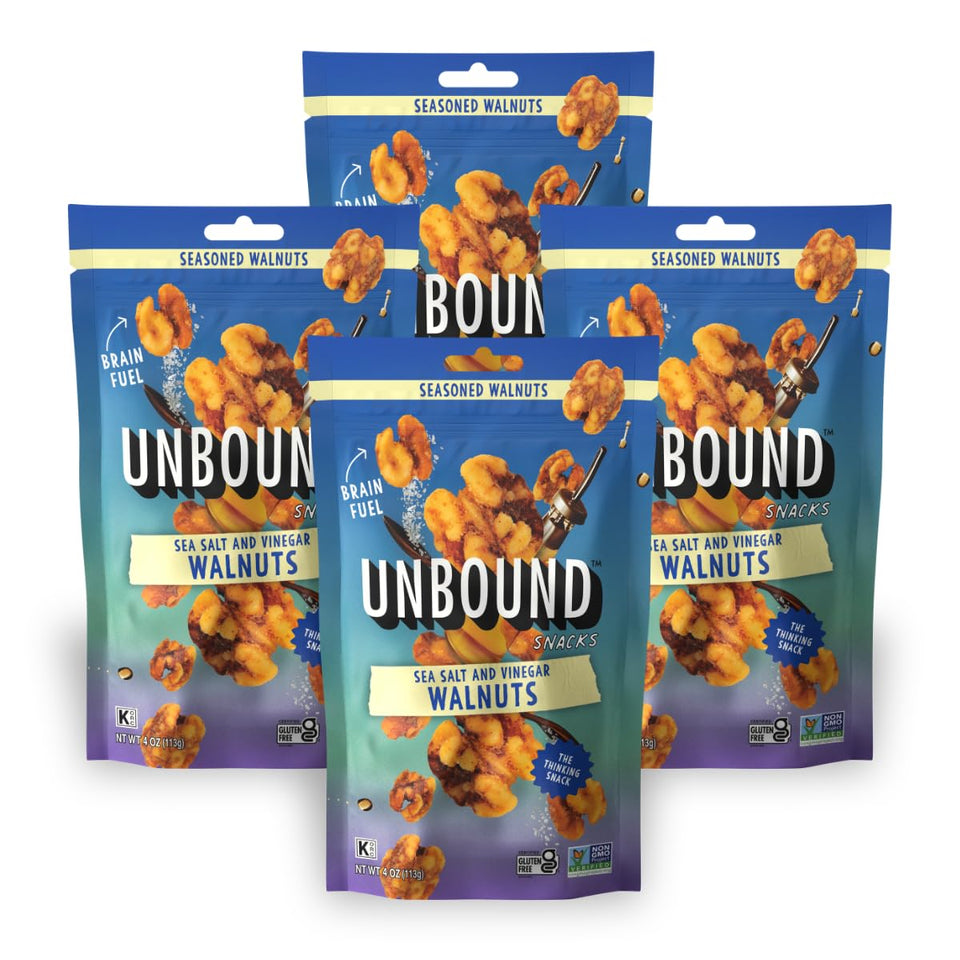 Unbound Snacks sea salt & vinegar walnuts pack; protein-rich on-the-go snack.