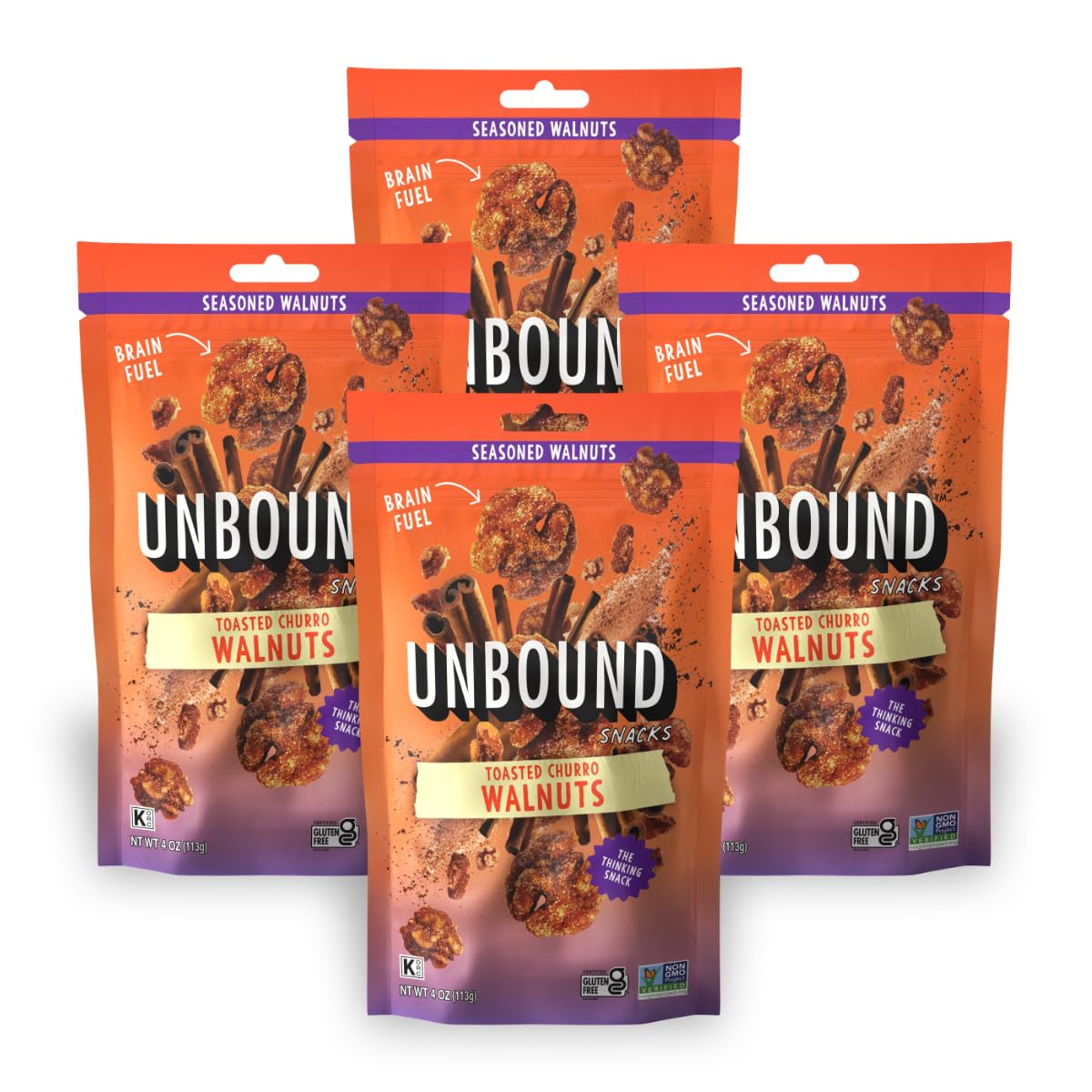 Unbound Snacks toasted churro walnuts in bag, protein-rich snack option.