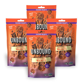 Unbound Snacks toasted churro walnuts in bag, protein-rich snack option.