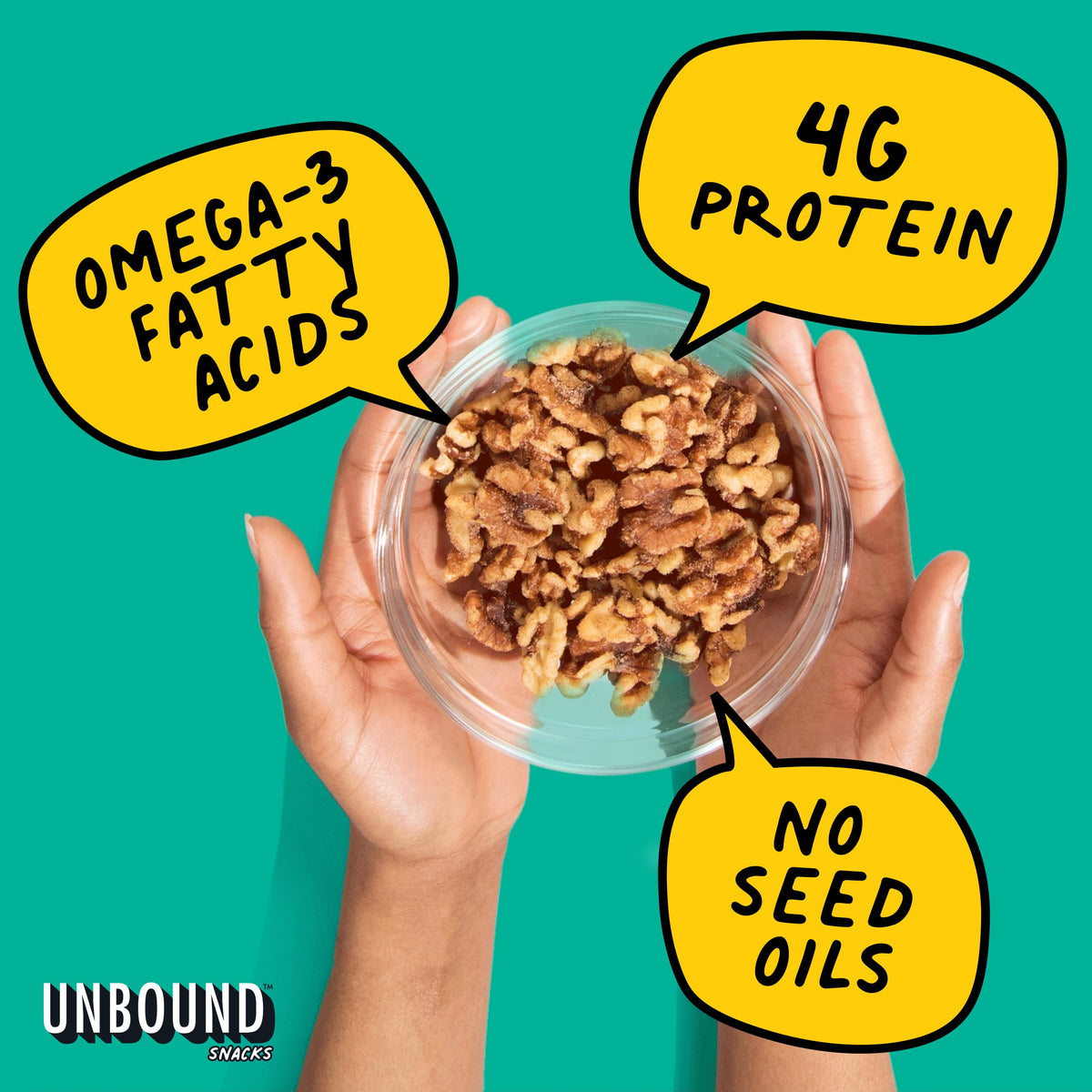 Walnut halves crunch, ideal for snacking.
