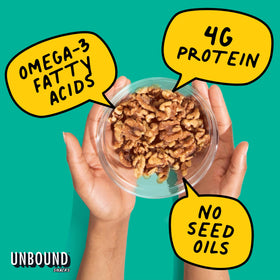 Walnut halves crunch, ideal for snacking.