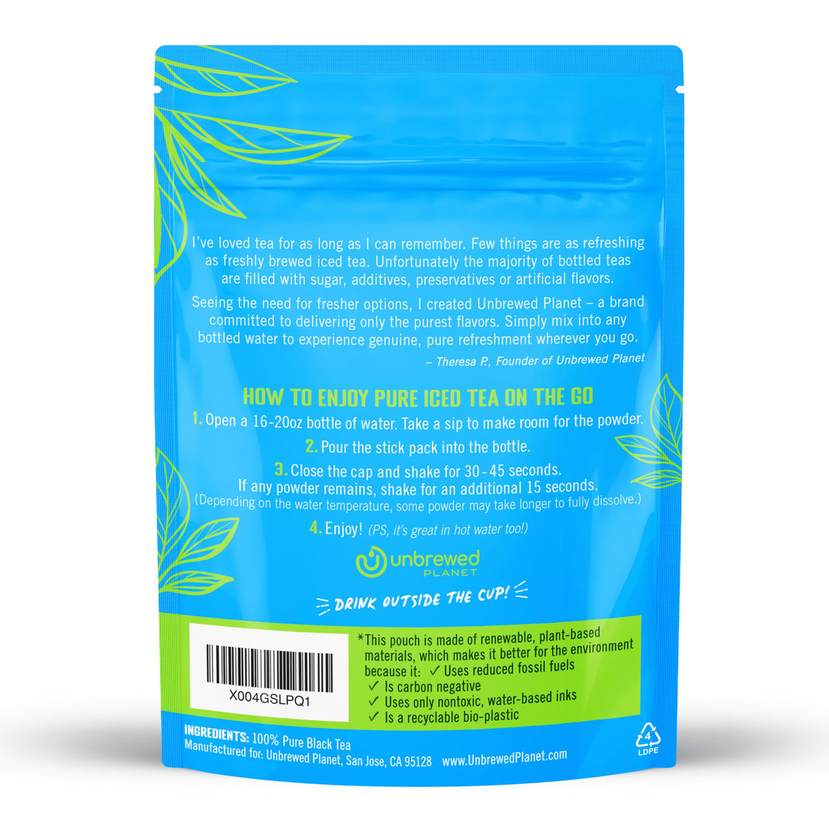 Display of Unbrewed Planet single-serve sticks in a package
