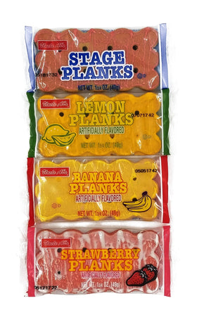 Uncle Al's Stage Planks box set showing Original, Banana, Lemon, and Strawberry flavors