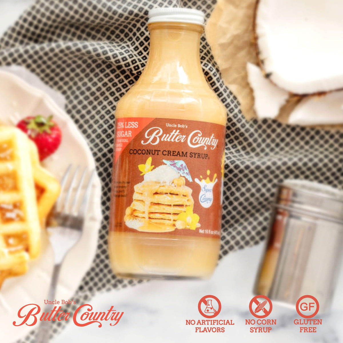 Glass bottle of Uncle Bob's Butter Country coconut syrup