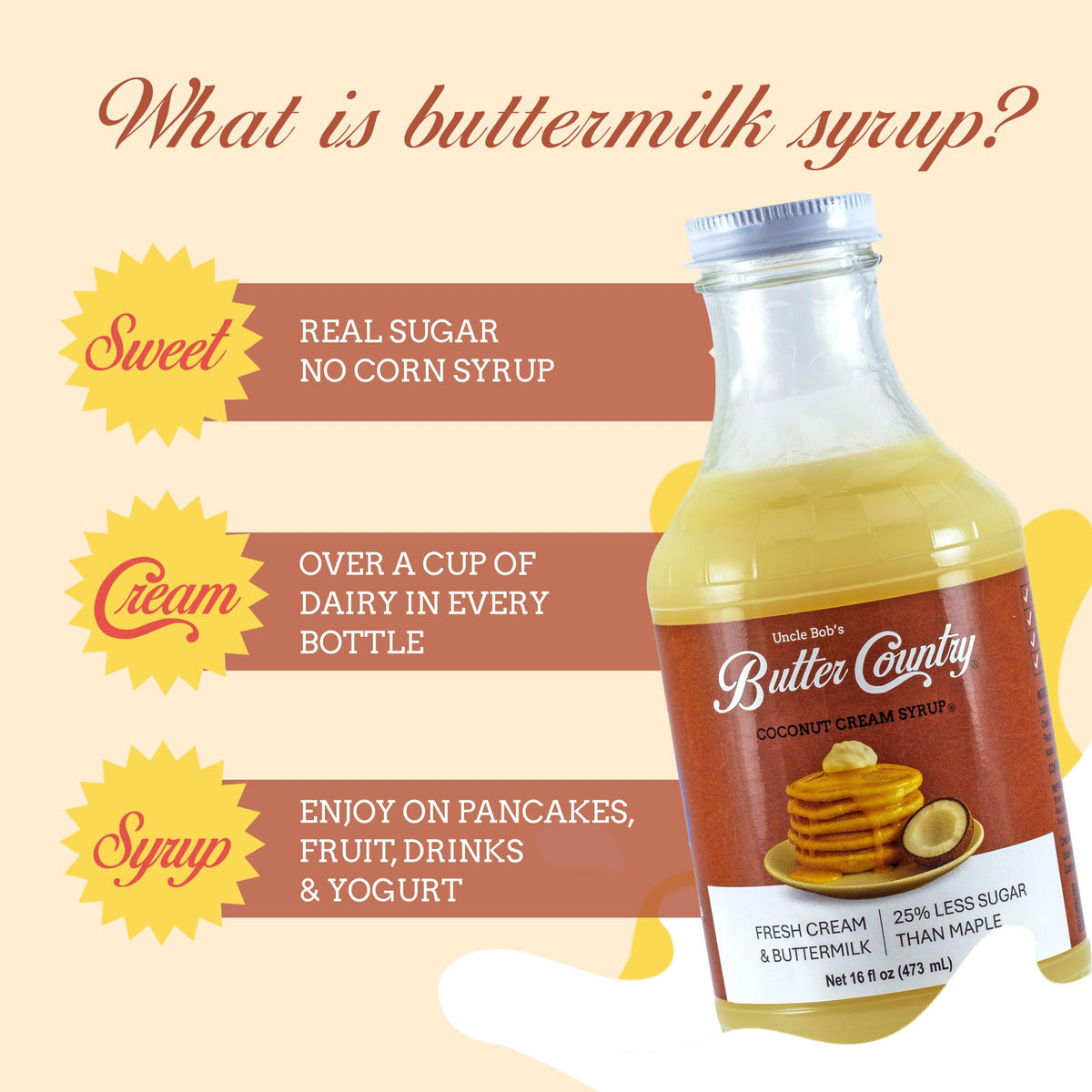 Uncle Bob's Butter Country coconut syrup on waffles with a rich drizzle