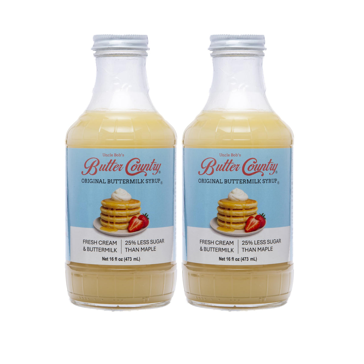 Uncle Bob's Butter Country Original Syrup bottle pour over pancakes, creamy topping option