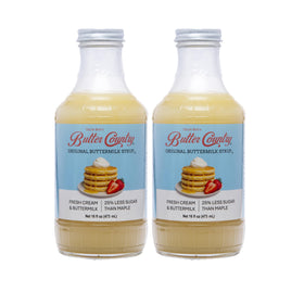 Uncle Bob's Butter Country Original Syrup bottle pour over pancakes, creamy topping option