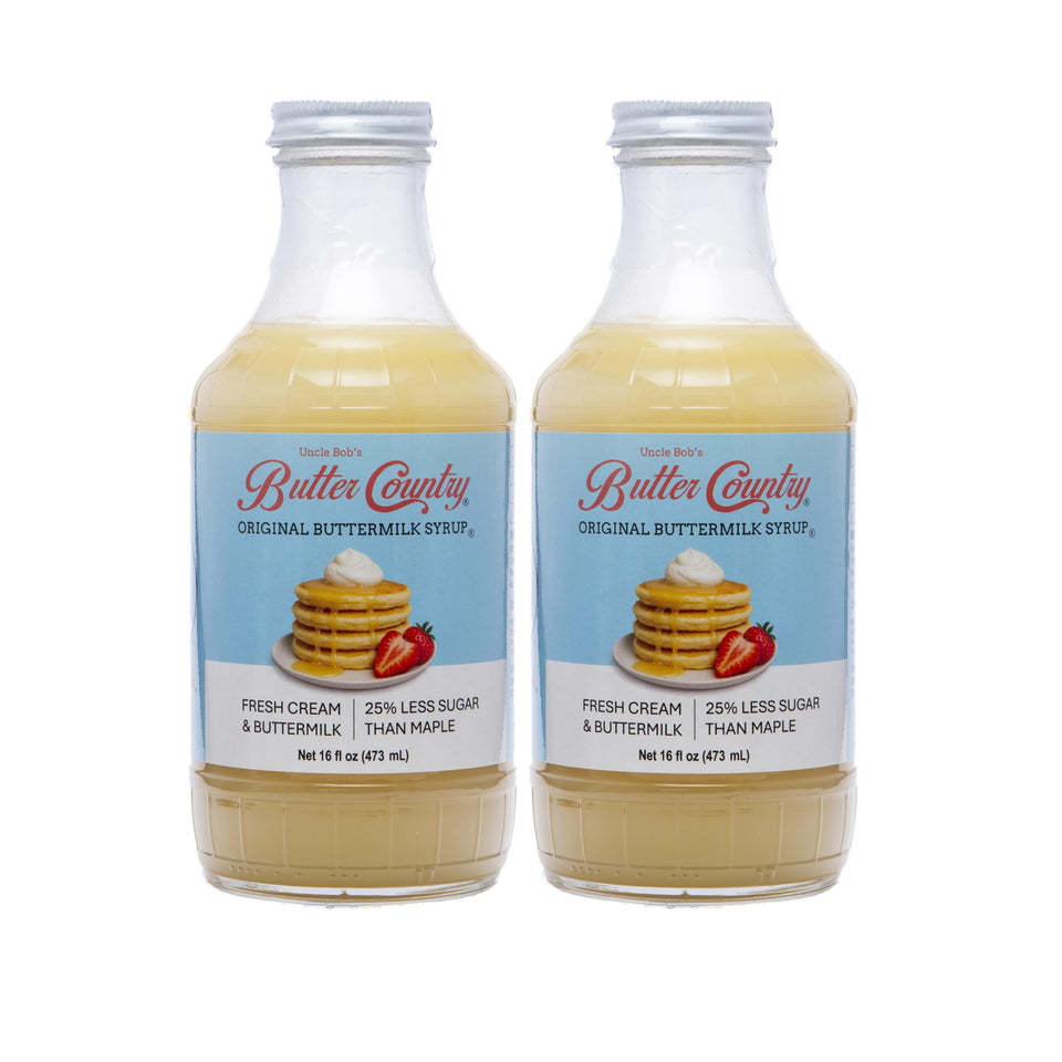 Uncle Bob's Butter Country Original Syrup bottle pour over pancakes, creamy topping option