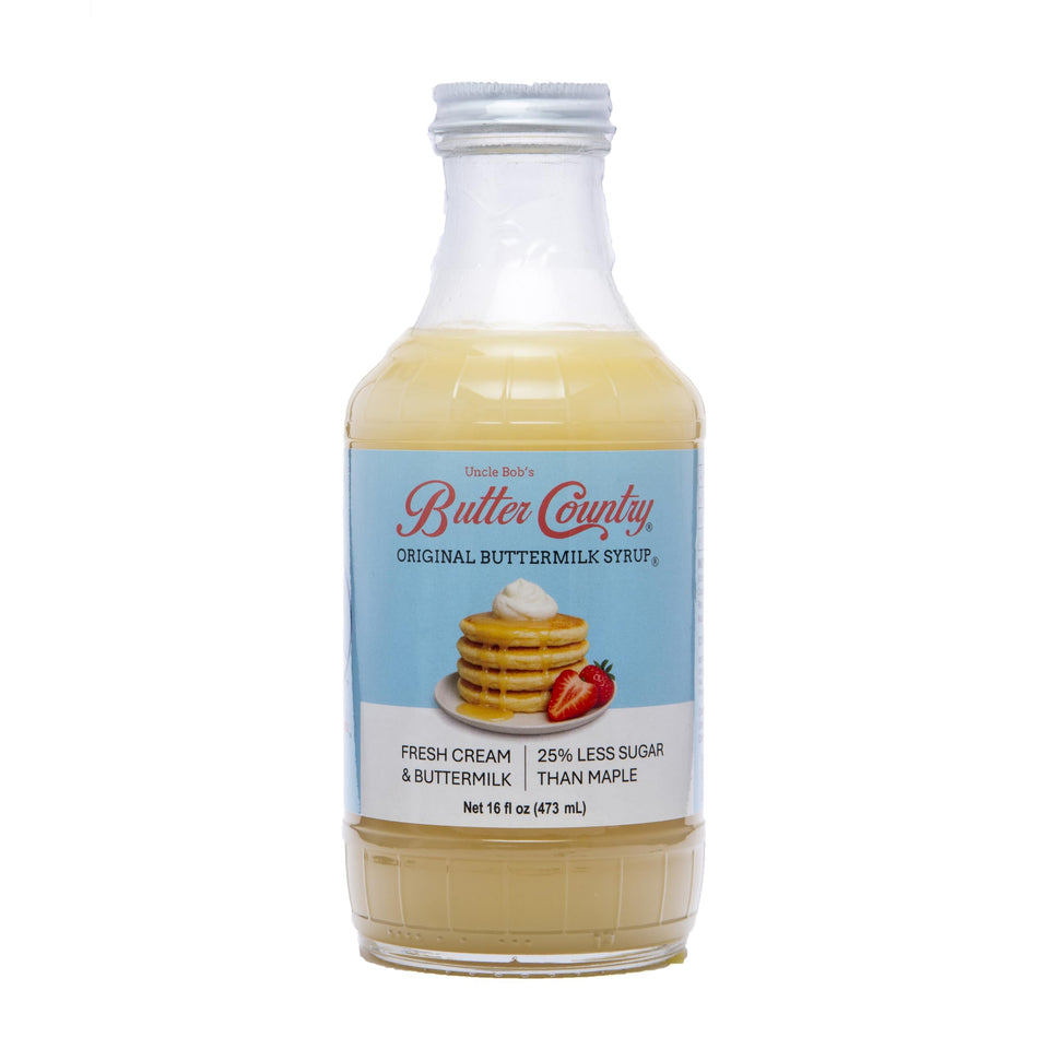 Uncle Bob's Butter Country syrup pouring over fluffy pancakes for gluten-free breakfast