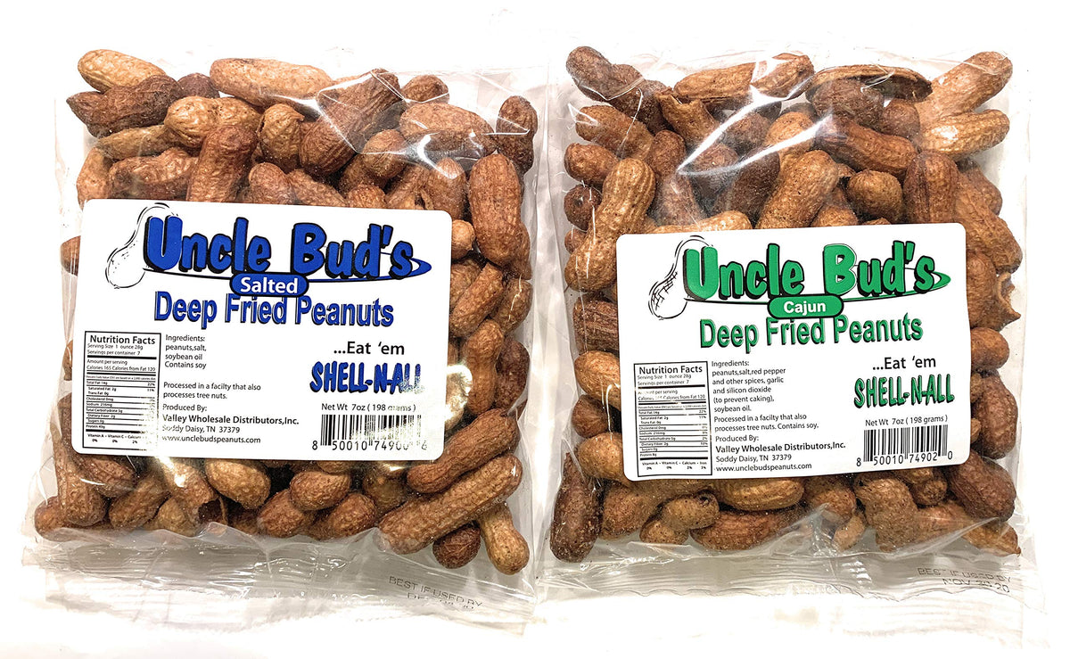 Uncle Bud's salted deep fried peanuts in bag—crunchy, savory snack choice.