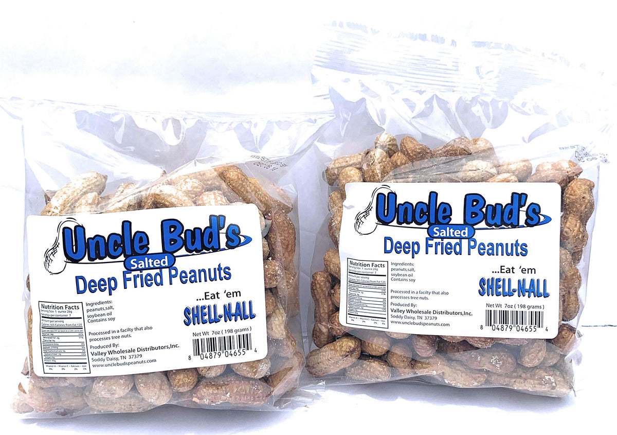 Uncle Bud's deep-fried peanuts shell-n-all salted, ideal party snack.