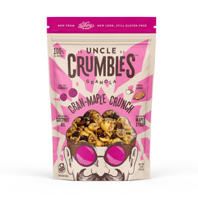 Uncle Crumbles Cran-Maple Crunch granola in resealable bag, ideal for on-the-go breakfast.