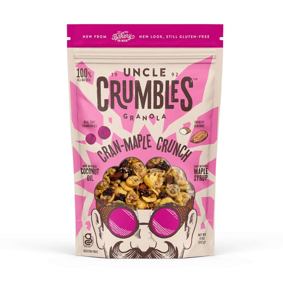 Uncle Crumbles Cran-Maple Crunch granola in resealable bag, ideal for on-the-go breakfast.