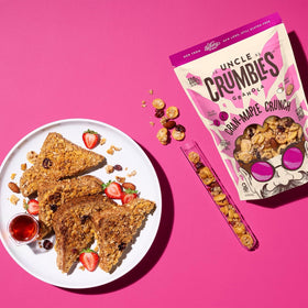 Uncle Crumbles Cran-Maple Crunch close-up with cranberries and maple clusters—tasty texture.