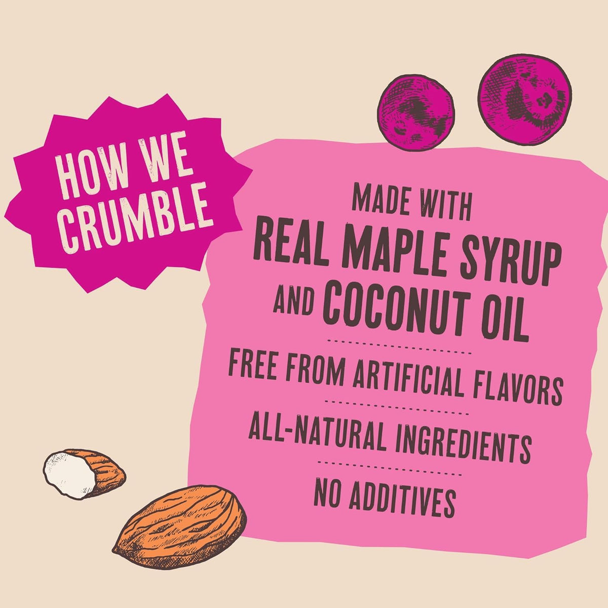 Uncle Crumbles Cran-Maple Crunch ingredients with almonds and cranberries for wholesome snacking.