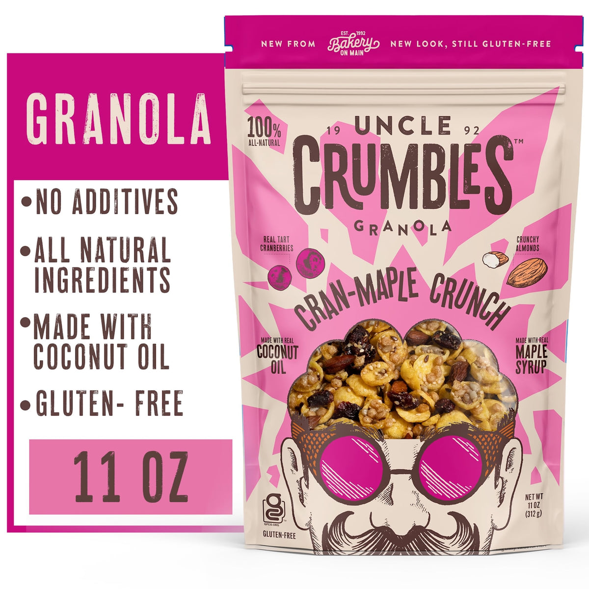 Uncle Crumbles Cran-Maple Crunch packaging emphasizes freshness and resealability.