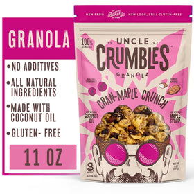 Uncle Crumbles Cran-Maple Crunch packaging emphasizes freshness and resealability.