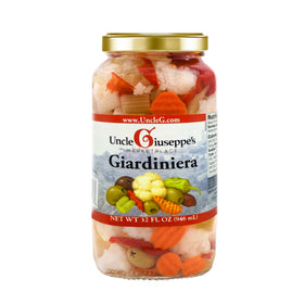 Uncle Giuseppe's Giardiniera 32oz jar close-up, crisp vegetables for sandwiches
