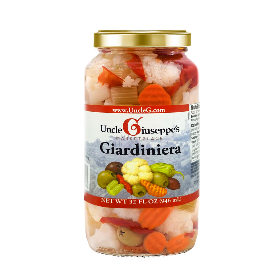 Uncle Giuseppe's Giardiniera 32oz jar close-up, crisp vegetables for sandwiches