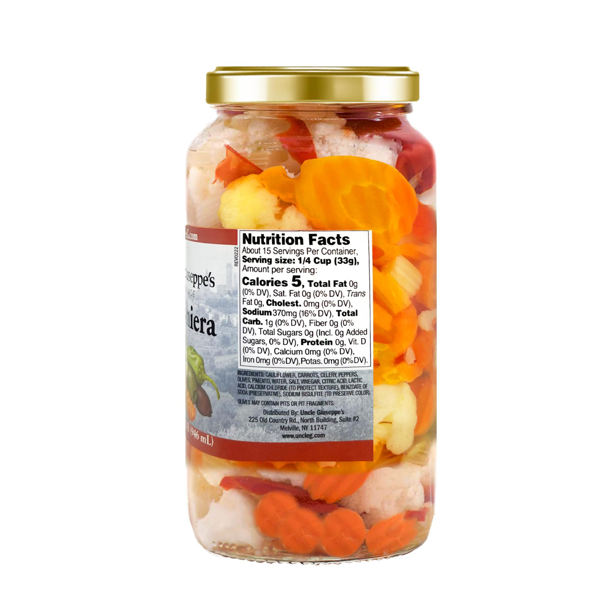 Uncle Giuseppe's Giardiniera 32oz jar side view, vibrant medley for antipasto