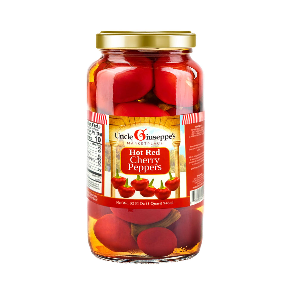 Uncle Giuseppe’s hot red cherry peppers jar, vibrant peppers ready to pair with meals