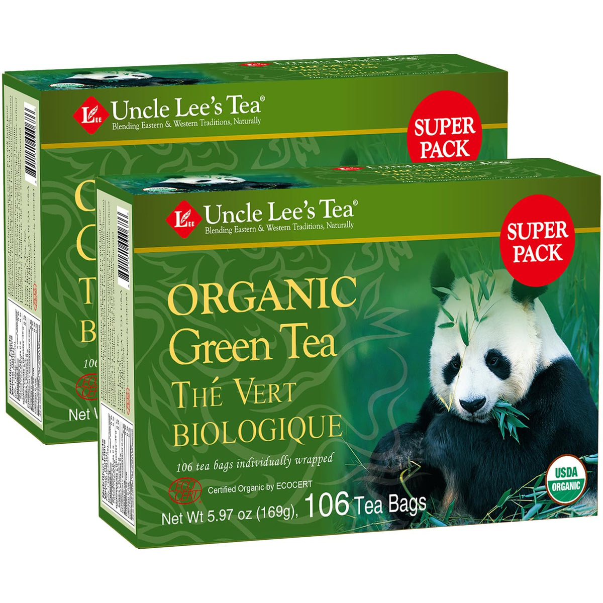Uncle Lee's Organic Green Tea bags in a 106-count pack for daily refreshment at home