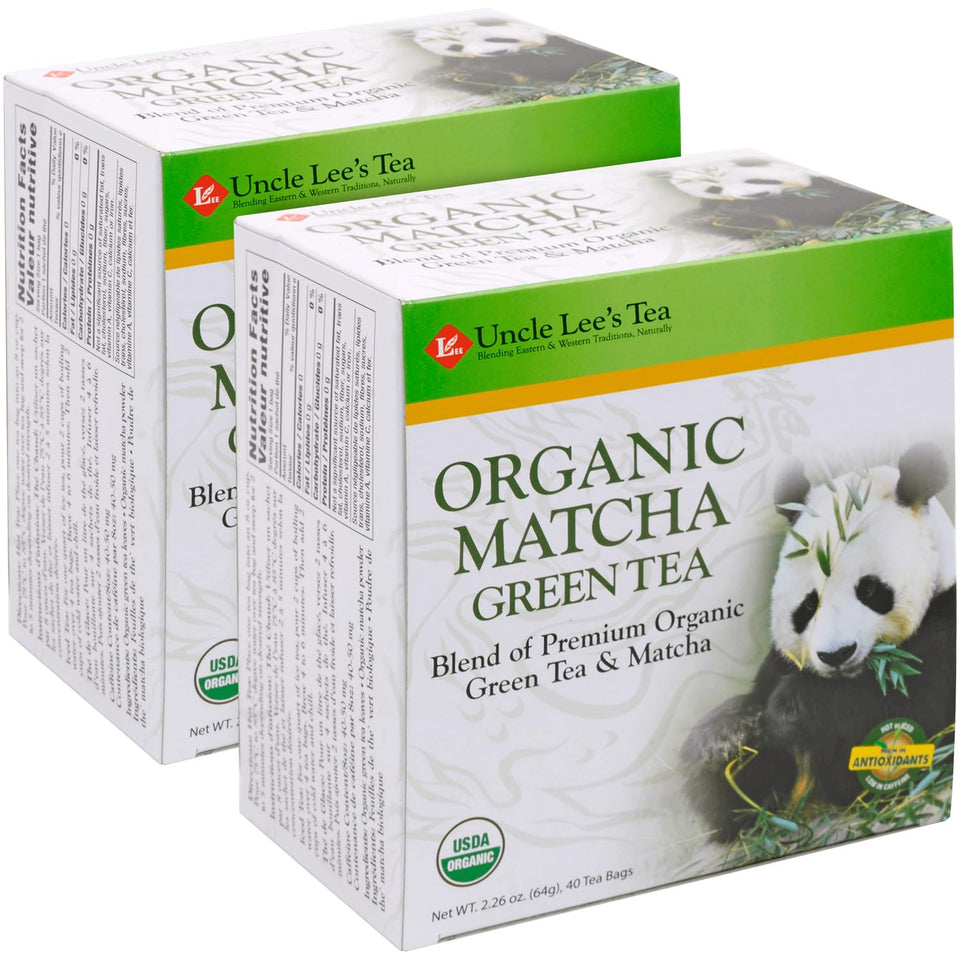 Uncle Lee's Organic Matcha Tea Bags 2-pack box shown for everyday tea routines.