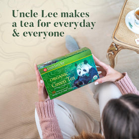 Hot brew in a cup of Uncle Lee's Organic Green Tea