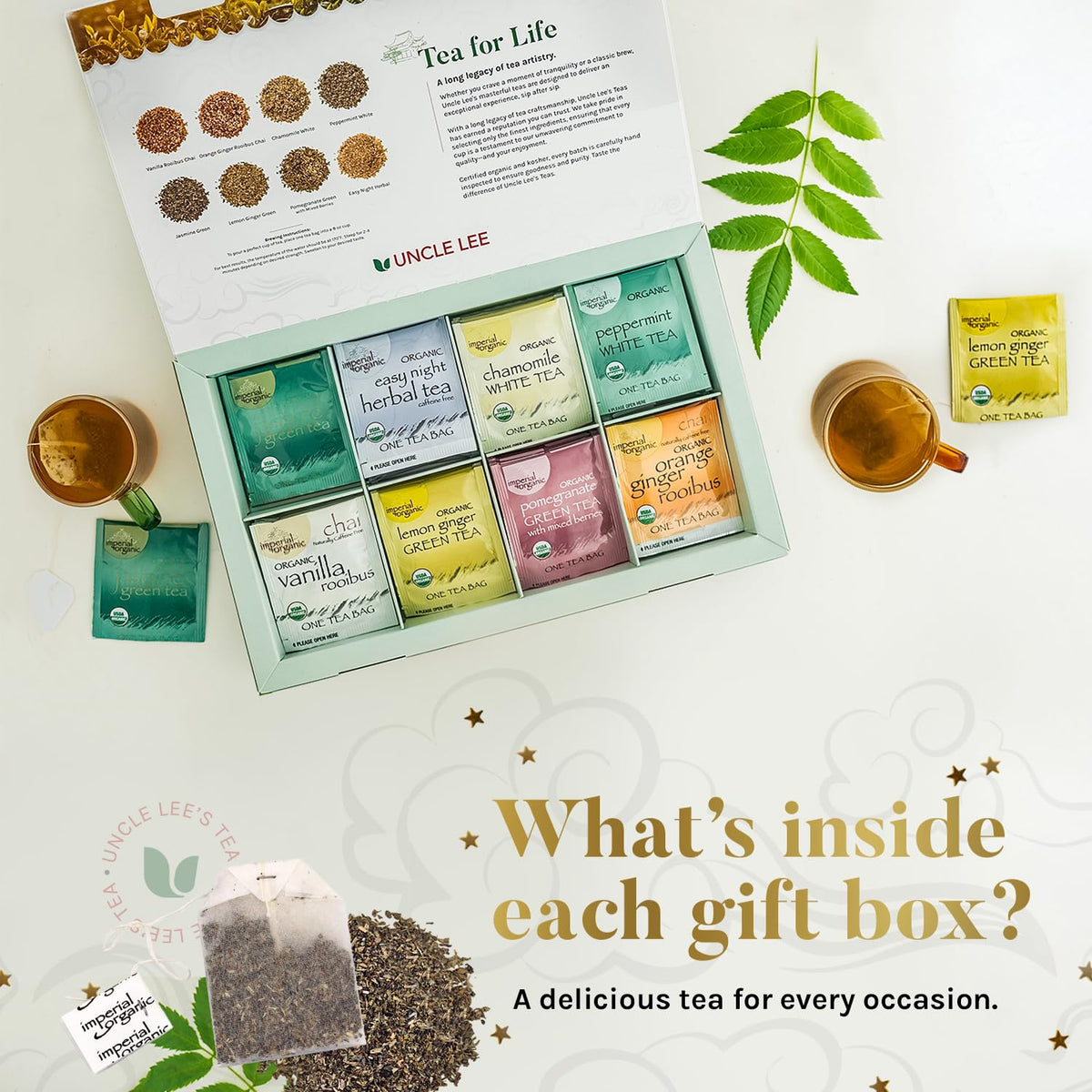 Individually wrapped Uncle Lee's Tea bags for freshness