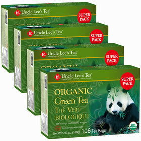 Uncle Lee's Organic Green Tea Bags 4-pack front view, convenient daily brew.