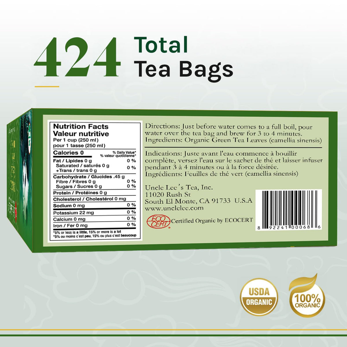 Uncle Lee's Organic Green Tea Bags 4-pack side view, easy storage.