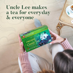 Uncle Lee's Tea organic green tea bags closeup showing crisp notes
