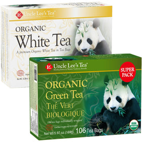 Uncle Lee's Tea organic white and green variety 2pack packaging closeup for fresh bulk tea