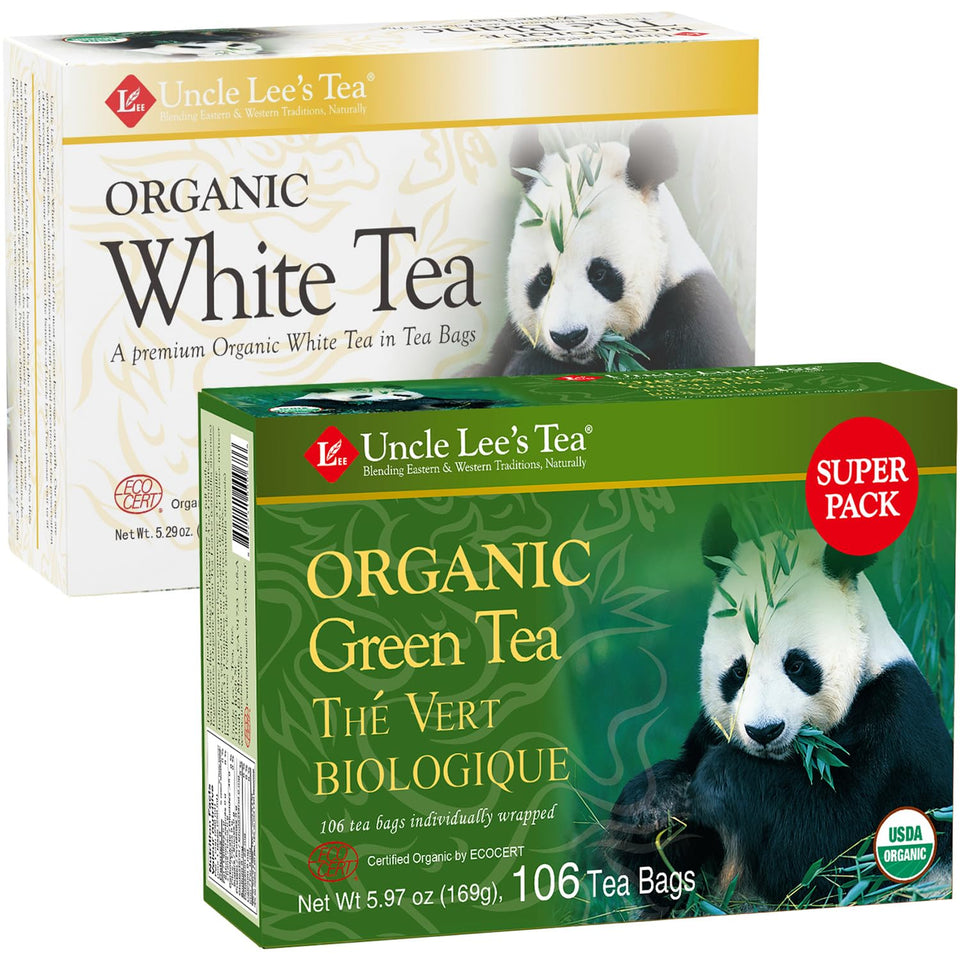 Uncle Lee's Tea organic white and green variety 2pack packaging closeup for fresh bulk tea