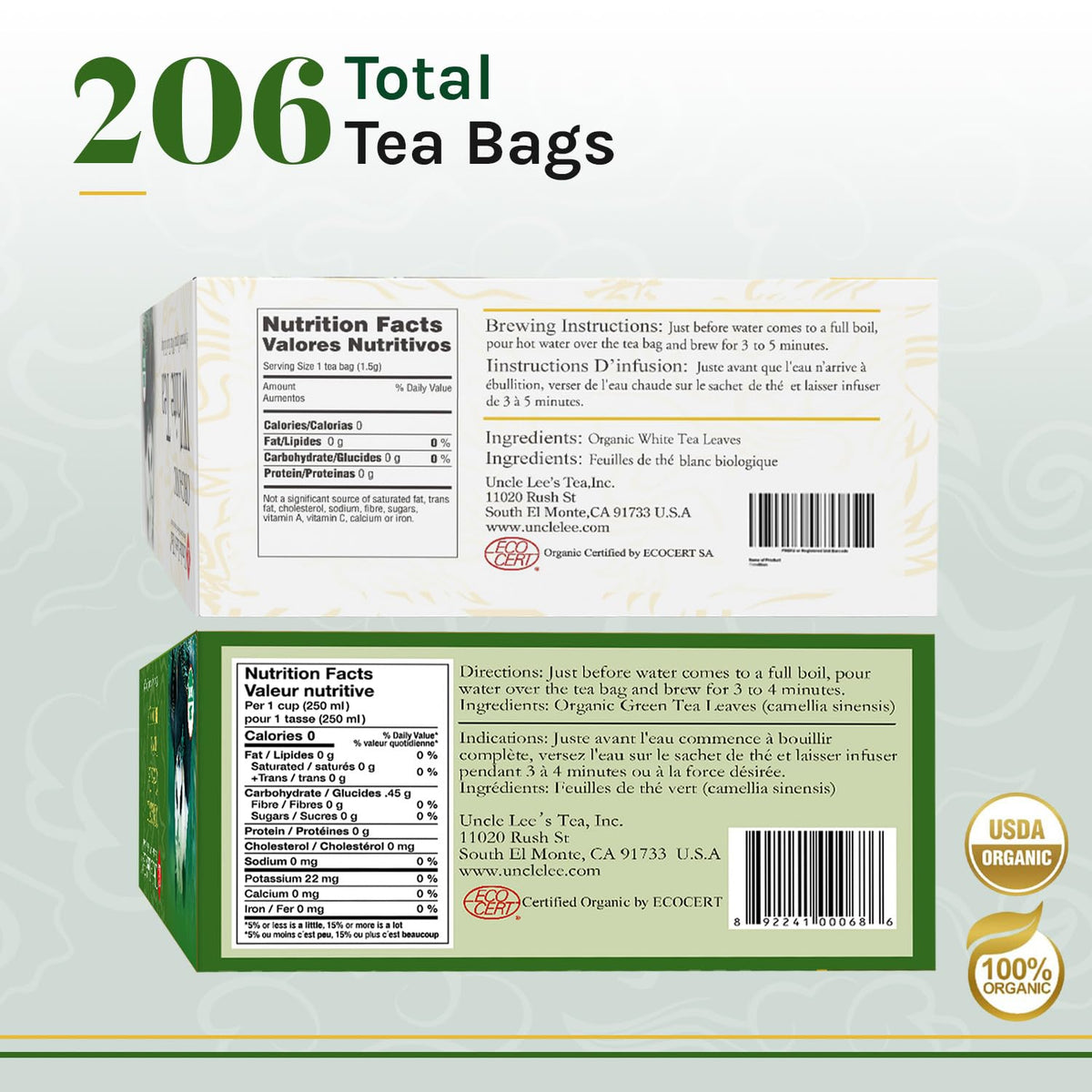 Uncle Lee's Tea organic white tea bags closeup highlighting delicate flavor profile