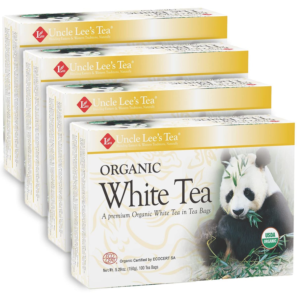 Uncle Lee's Organic White Tea bags close-up showing premium leaves for daily sipping.