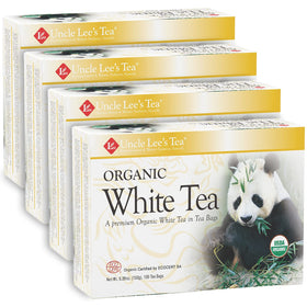 Uncle Lee's Organic White Tea bags close-up showing premium leaves for daily sipping.
