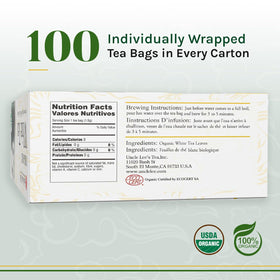 Uncle Lee's Organic White Tea packaging front highlighting organic sourcing and eco-friendly design.