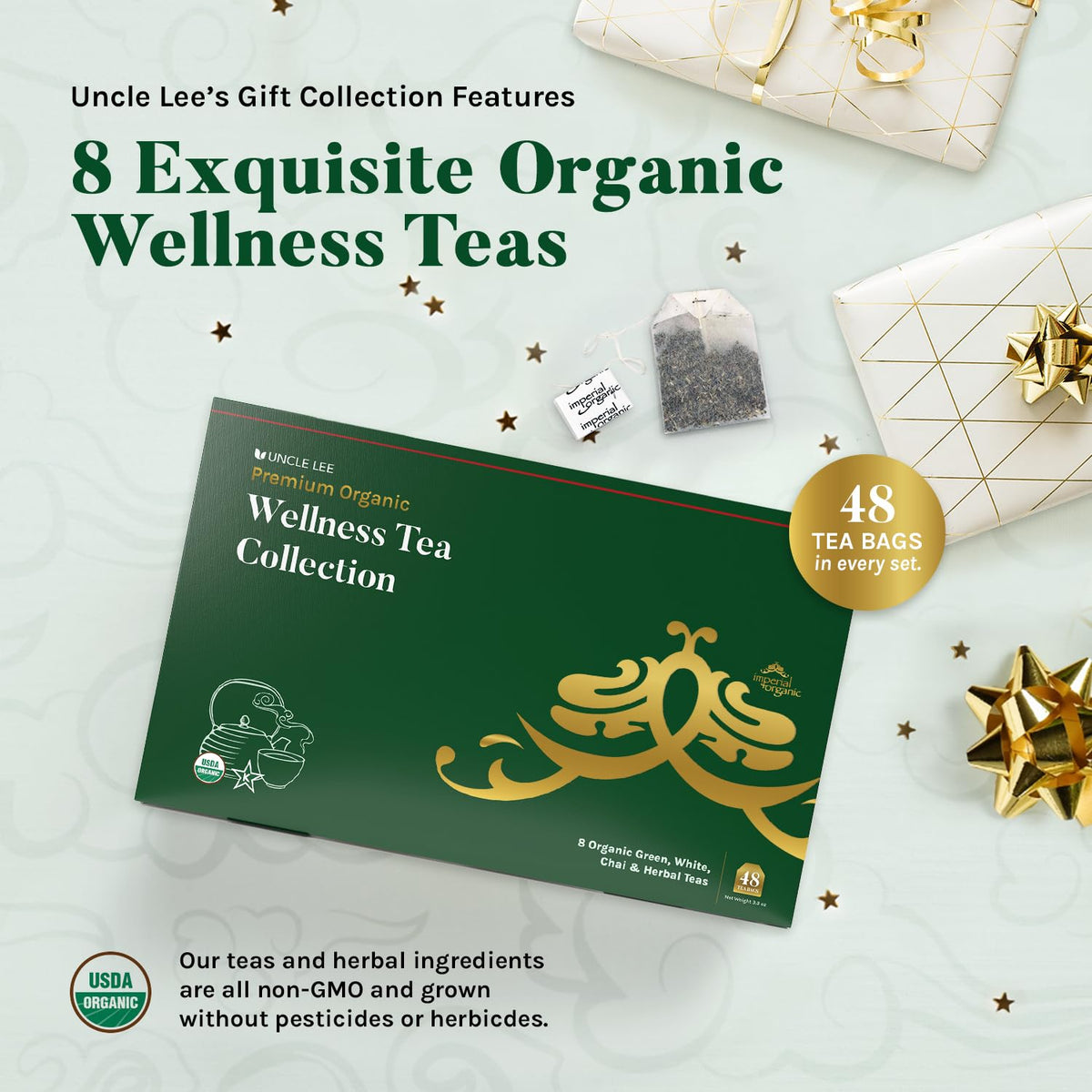 Eight-blends display of Uncle Lee's Wellness tea collection