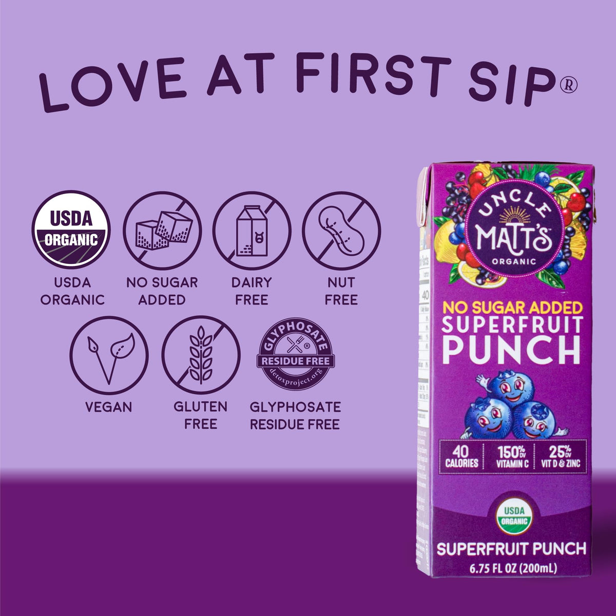 Lunchbox-friendly Uncle Matt's juice boxes with portable design