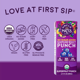 Lunchbox-friendly Uncle Matt's juice boxes with portable design