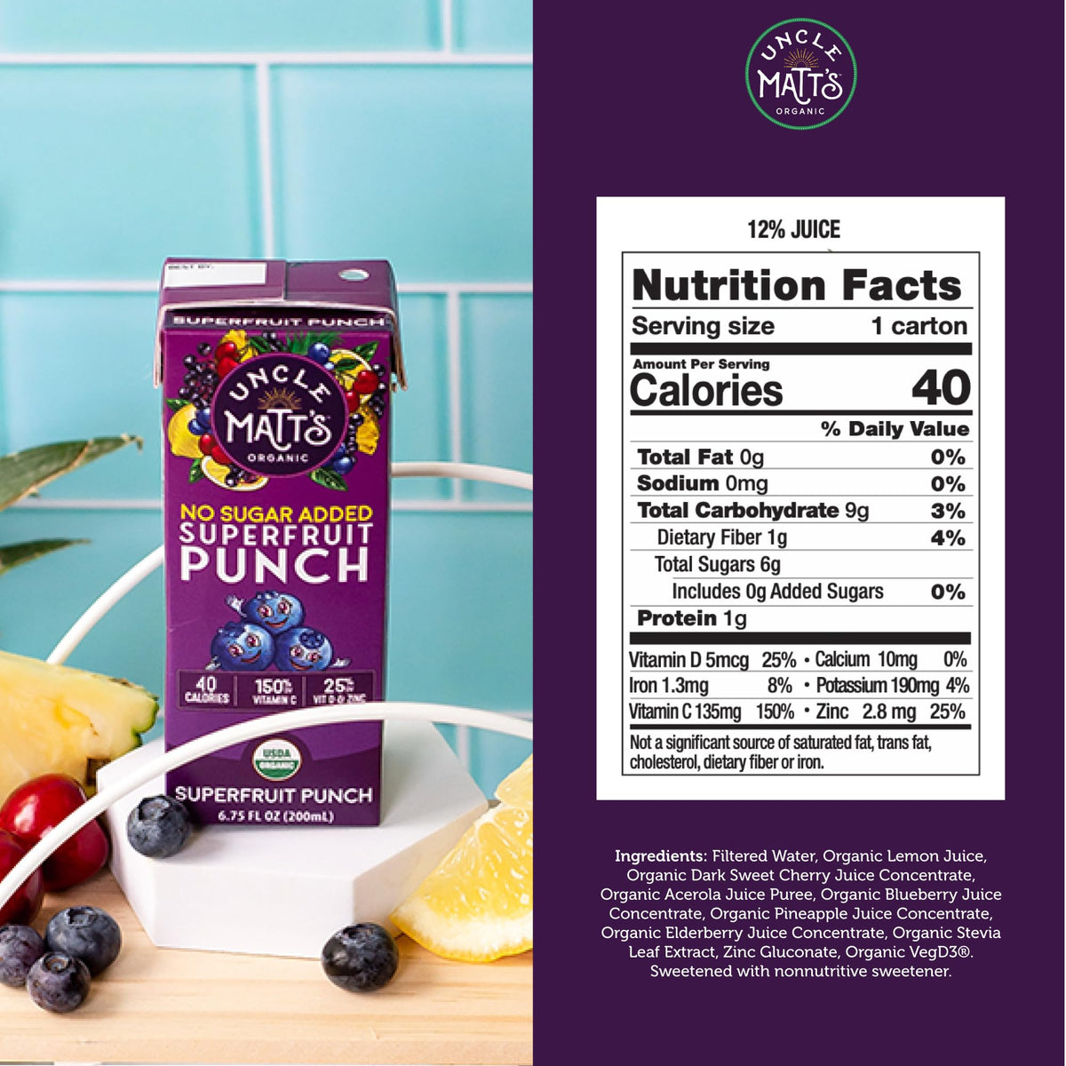 Uncle Matt's no sugar added juice box, stevia-sweetened