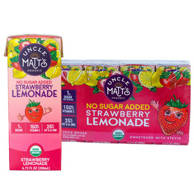 Uncle Matt’s Strawberry Lemonade juice box front view for school lunches